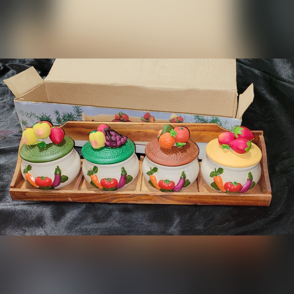 Rare Vintage Canister Set~Spice Holders~Bowls~Fruits and Vegetables~Wooden Tray